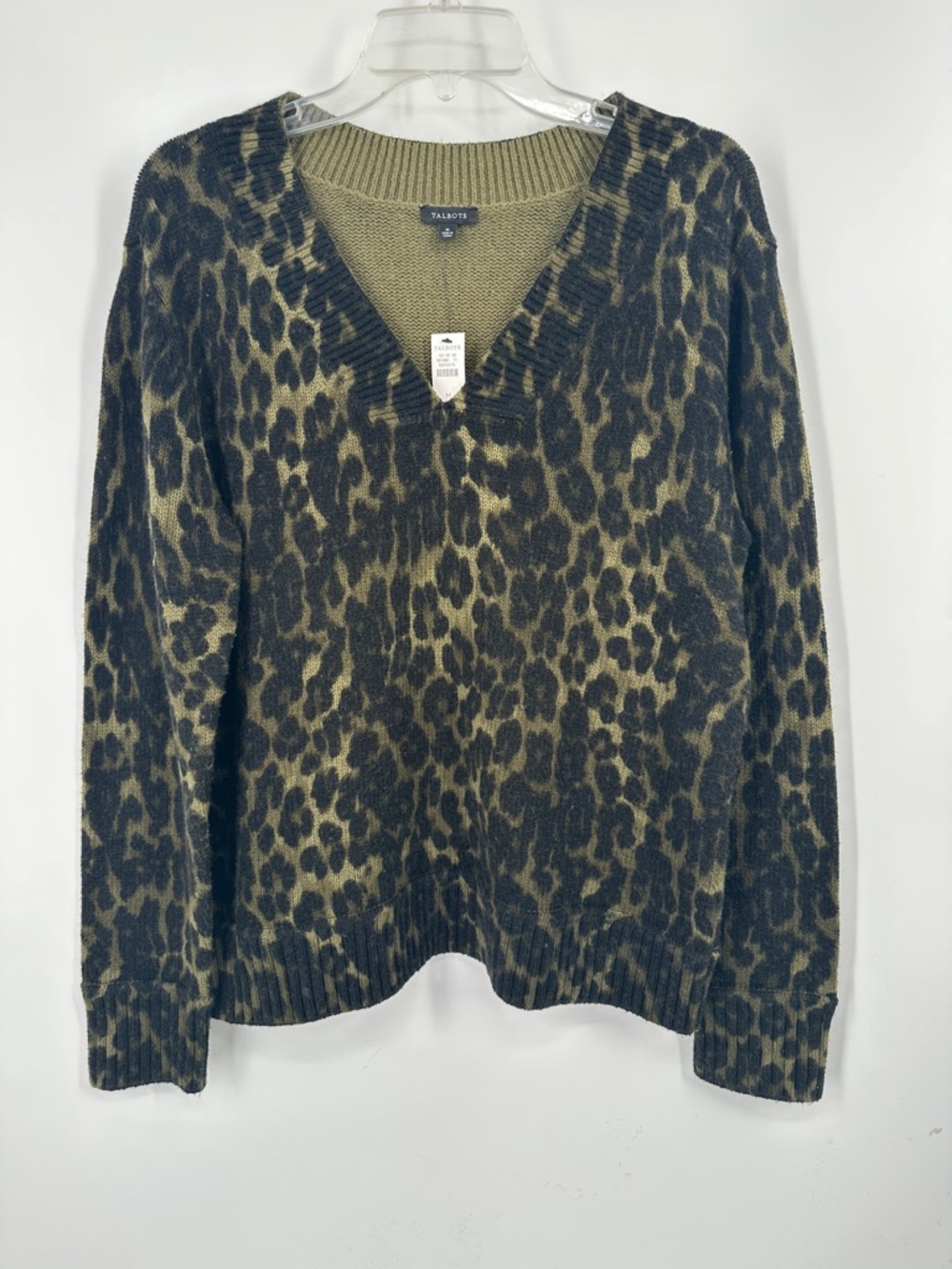 Talbots Leopard Print V-Neck Sweater - Olive Green & Black